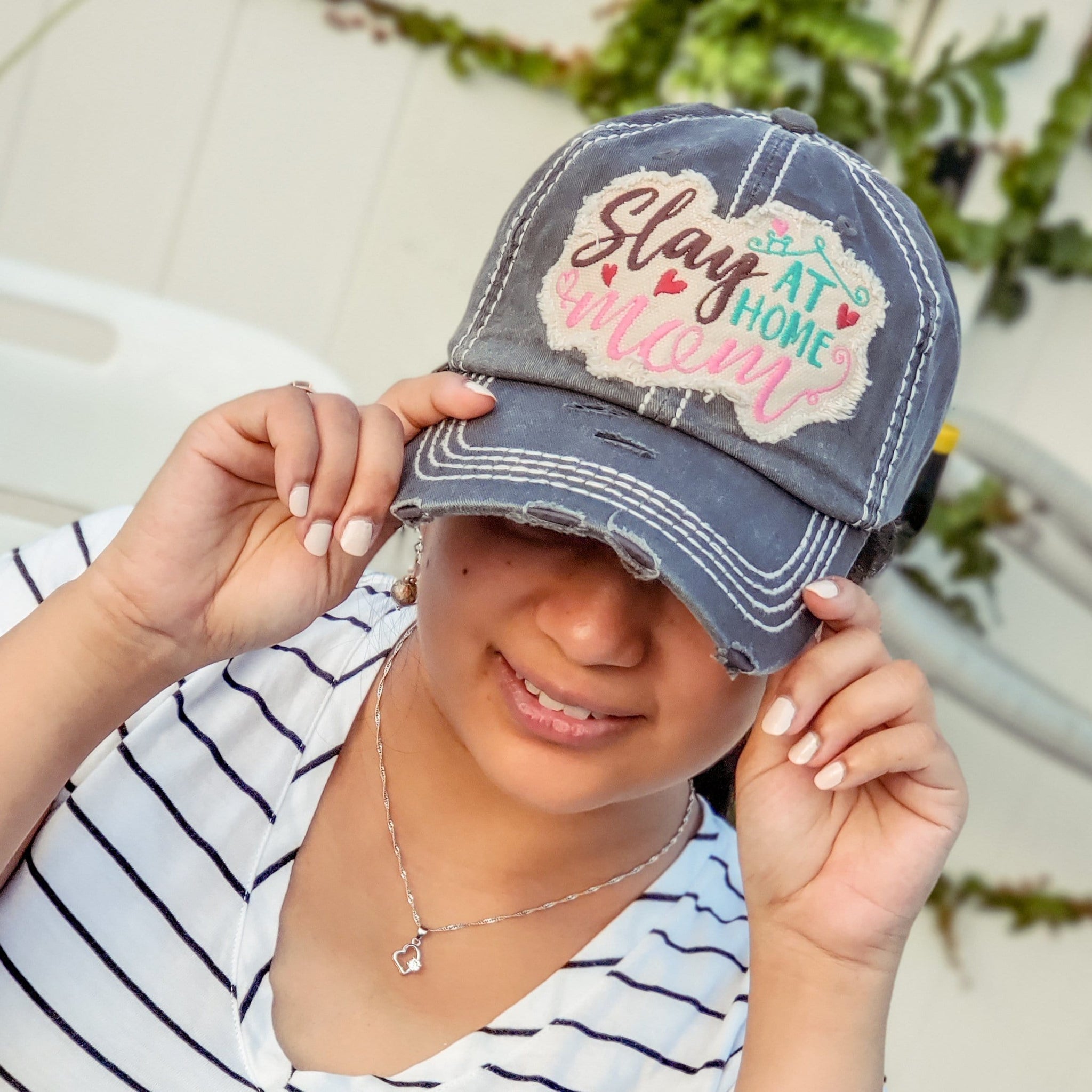 Slay at Home Patchwork Velcro Adjustable Back Distressed Baseball Cap –  This Blissful Mom