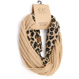 Ribbed Knit Leopard Accent CC Infinity Scarf